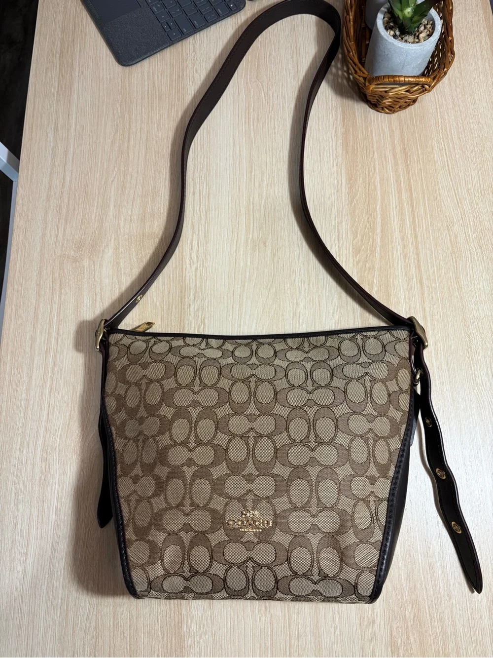 Coach Brown Signature Canvas Crossbody with Dark Brown Trim
